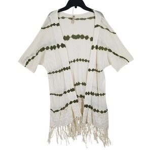 XCVI Women White Olive Green Tie Dye Lace Fringe Open Front Cardigan Small 14245